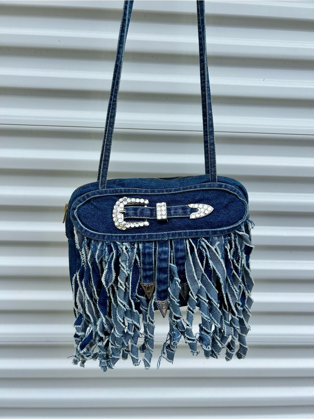 VTG Denim Fringe Western Purse with Rhinestone Buckle Accent Simply Barbara
